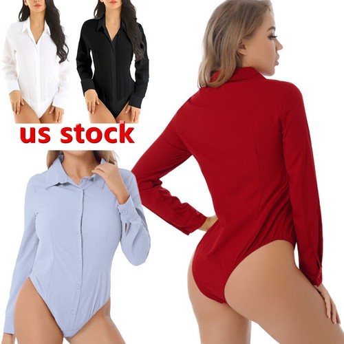 US Women Long Sleeve Button Down Shirts Bodysuit Easy Care Work Formal Shirt Top eBay