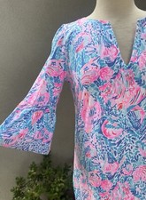 Boho Lilly Pulitzer Tosha Short Dress Sz M Treasure Trove Cotton Blue Pink tones