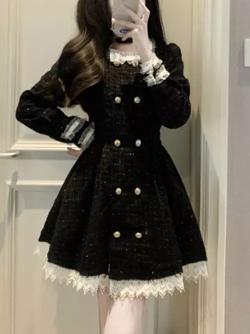 Black Vintage Dress Women French Style Patchwork Lace Mini Dress