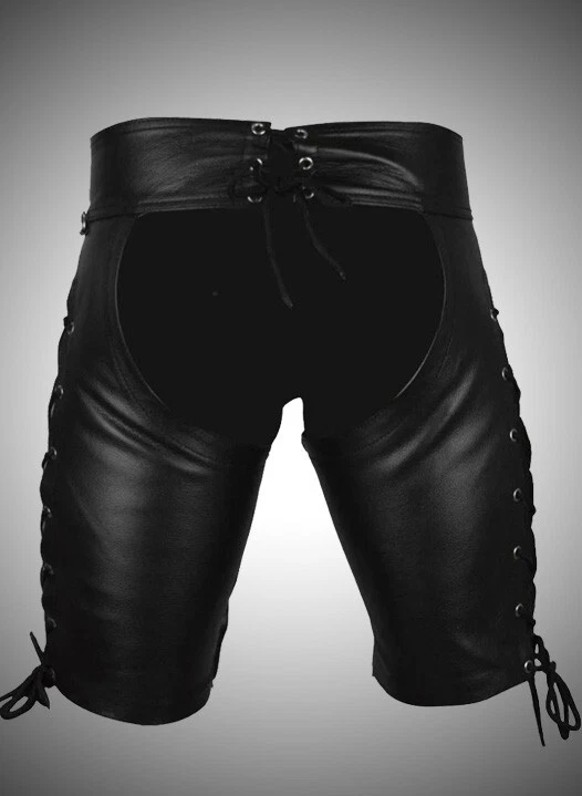 Pantalones Cortos de Cuero para Hombre Chaps con Encaje Lateral Cuero de Vaca Negro Chaps Club Wear Foto 3 de 4