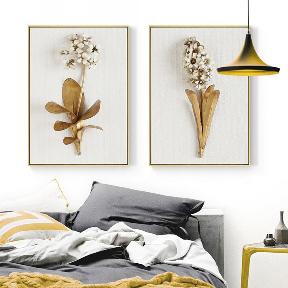 Stunning Golden Flower Wall Decor Set of 3 Unframed Prints for Living