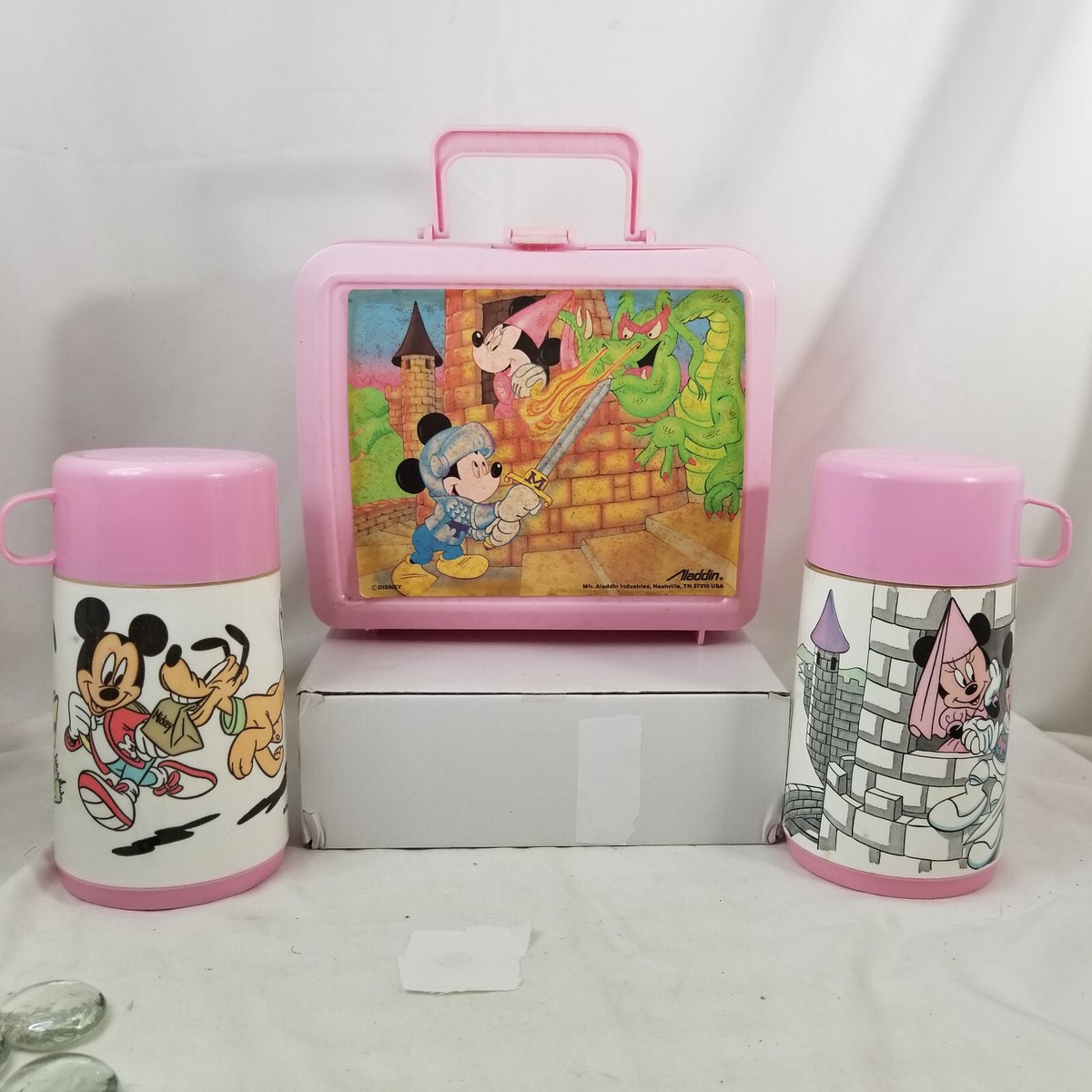 PINK 90s Mickey and Minnie Mouse Paris plastic Aladdin lunchbox w