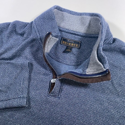 Jos A Bank Reserve Men XXL Blue Houndstooth 1/4 Zip Cotton Sweater Suede Trim