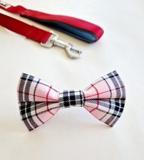 Handmade Tartan Dog Bow Tie Pink Medium - Slide over collar - Dog neck wear- 