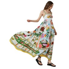 Women Cami Dress Beach Elements Print Spaghetti Strap Sleeveless Dress Size M