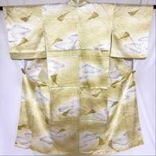 Vintage Yellow  White Silk Kimono with Gold  Gray Fan Pattern, Double-Layered,