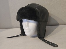 Vintage 90s DP Trapper Hat USA Made Faux Leather Fur Lined Black Adult Size XL