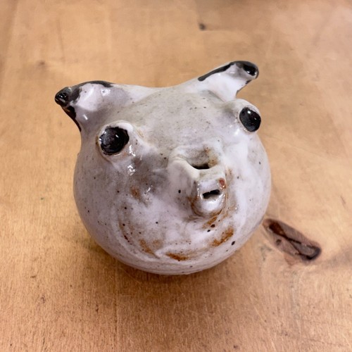 Vintage Hand Built Pottery Whistle Animal Head Maybe Pig, 2"h