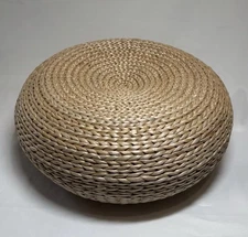 Woven Rattan Round Pouf Ottoman Foot Stool Wire Frame Natural 15” x 6” Boho