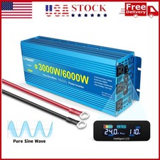 3000W 6000W 24V to 120V Power Inverter Pure Sine Wave LCD 2USB 3AC Converter NEW