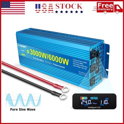 3000W 6000W 24V to 120V Power Inverter Pure Sine Wave LCD 2USB 3AC Converter NEW