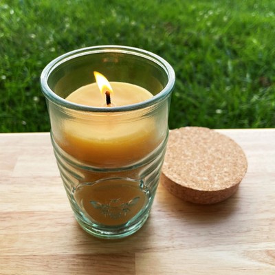 Beeswax Candle in Honeybee Glass Jar Spanish Recycled Glass