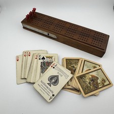 Antique Wood Cribbage Board Box Congress 606 Old Mill Cards Pegs Lot