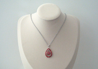 Red Simulated Ruby Gemstone Teardrop Flower Silver Tone Twist Chain Necklace