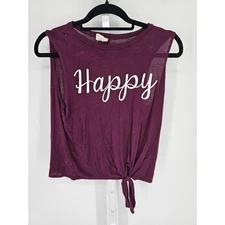 Dirtee Laundry Womens Sz M Tie Front Tank Top Purple w/ Happy Script
