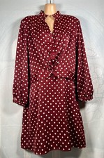 Zara burgundy wine red polka dot satin twist-front long-sleeve dress, L / 12-14