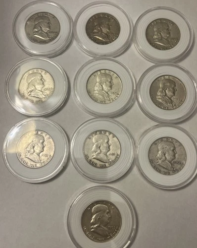 10 franklin half dollars 90% Silver Mixed Dates Very Good Condition