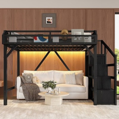 Twin XL Loft Bed w/Storage Stairs,Shelves & Built-in Wardrobe,Metal Loft Bed