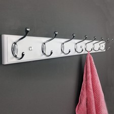 Long Coat Rack Wall Mount 8 Hooks 80cm Wood Board and Silver Chrome Hook White