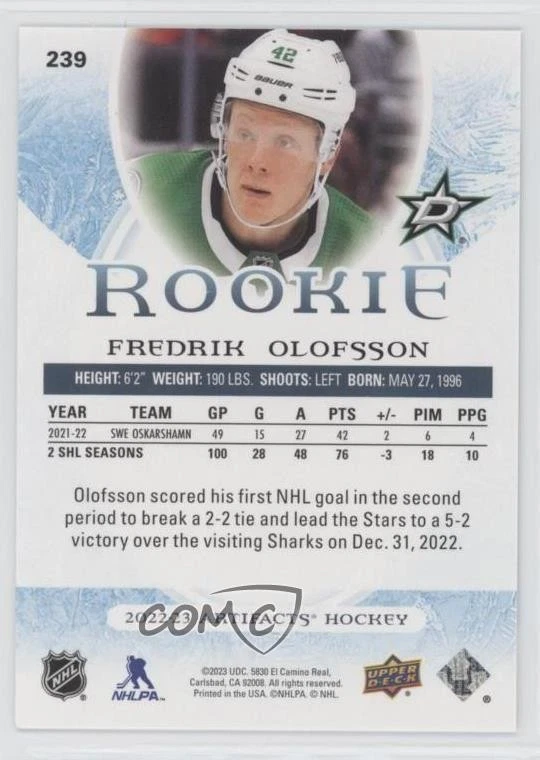 2022 Upper Deck Artifacts Redeemed Rookies /999 Fredrik Olofsson #239 Rookie RC - Image 2 of 2