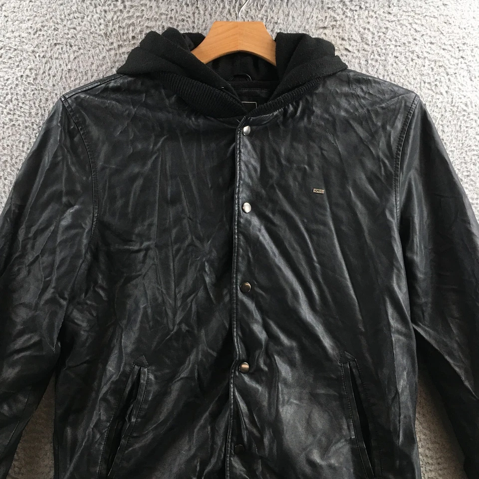 Chaqueta de bombardero Obey Propaganda para hombre XL negra imitación cuero con capucha botón a presión Foto 2 de 4