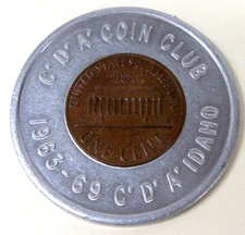 encased 1969-D Penny COEUR D'ALENE IDAHO COIN CLUB mt1