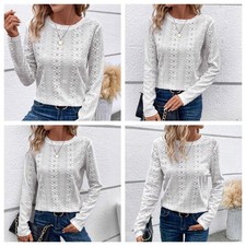 Women's Lightweight Solid T Shirt Floral Lace Detail Long Sleeve Openwork for