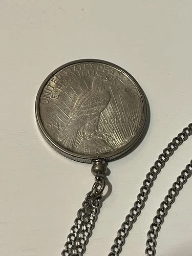 Art Deco Peace Dollar Coin Pendant Necklace Silver Vintage Curb Chain Jewelry