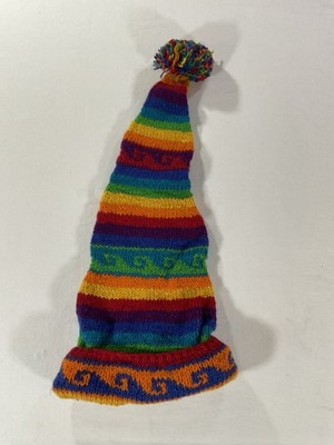 Mexicali Blues Rainbow Knit Wool Winter Pom Pom Pixie Hood Hat Maine USA boho
