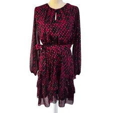 SIMPLY VERA Vera Wang Dress Women's Burgundy Rose Metallic Dot Tiered Ruffle  M