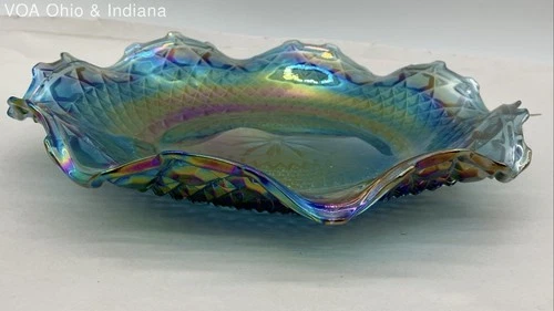 Imperial Glass Diamond Point Blue Carnival Bowl Ruffled Edge Star Center Vintage