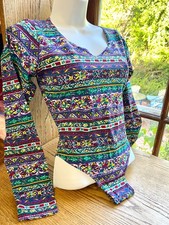 NWOT Vintage 90s Sash M High Cut Long Sleeve Bodysuit Striped Floral