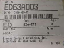 ITE Siemens ED63A003 3A 3P 600VAC/250VDC Motor Circuit Protector New Surplus