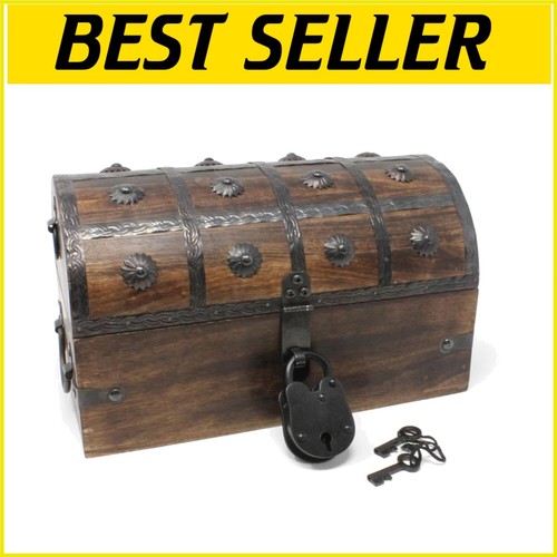 Charming Wooden Pirate Treasure Chest with Skeleton Key - 11x6x6.75 Decor Box