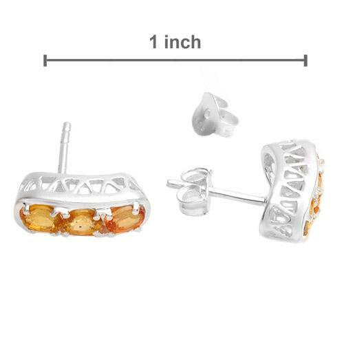 Beautiful Orange Sapphires Three Stone Earrings, 1.50ctw in Sterling Silver - Picture 2 of 3