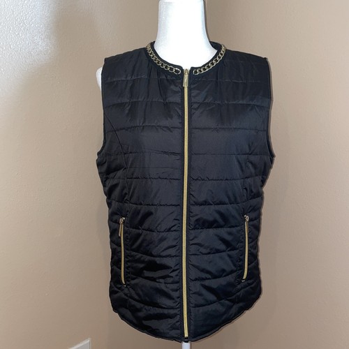 Kenneth Cole Reaction Womens Black  Gold Chain Full Zip Quilted Puffy Large - Picture 1 of 16