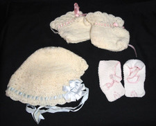 3 pc Vintage Infant Booties  Bonnet  Crochet w/Blue  Pink Ribbon  Handmade