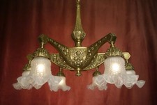 LÁMPARA ANTIGUA BRONCE 6 LUCES LÁMPARA BELLA ART DECO VIDRIO SATINADO Ø26""