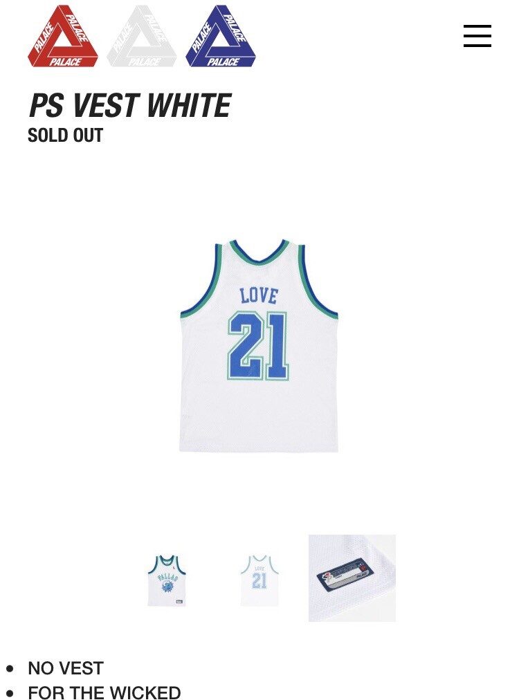 PALACE SKATEBOARDS PALLAS PS VEST WHITE SIZE SMALL S SUMMER 2021