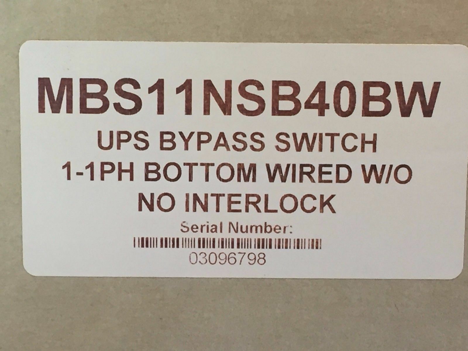 Eaton MBS11NSB40BW UPS Wraparound Maintenance Bypass Switch 40A 1-1PH ...