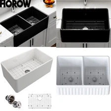 White Farmhouse Sink Fireclay Apron Front Single Bowl Kitchen Sink Deep Drop In