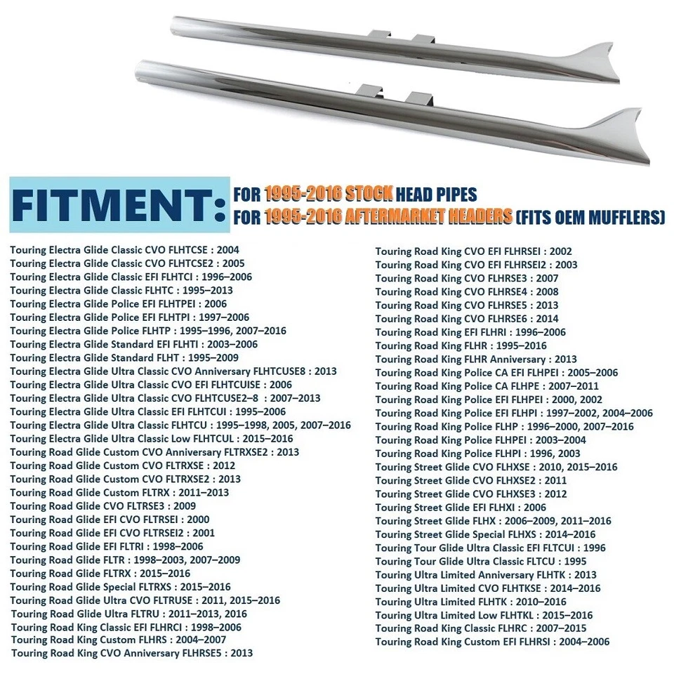 Chrome 42" Fishtail Exhaust Pipe Slip Ons for Harley Touring Road King 1995-2016 - Image 4 of 4