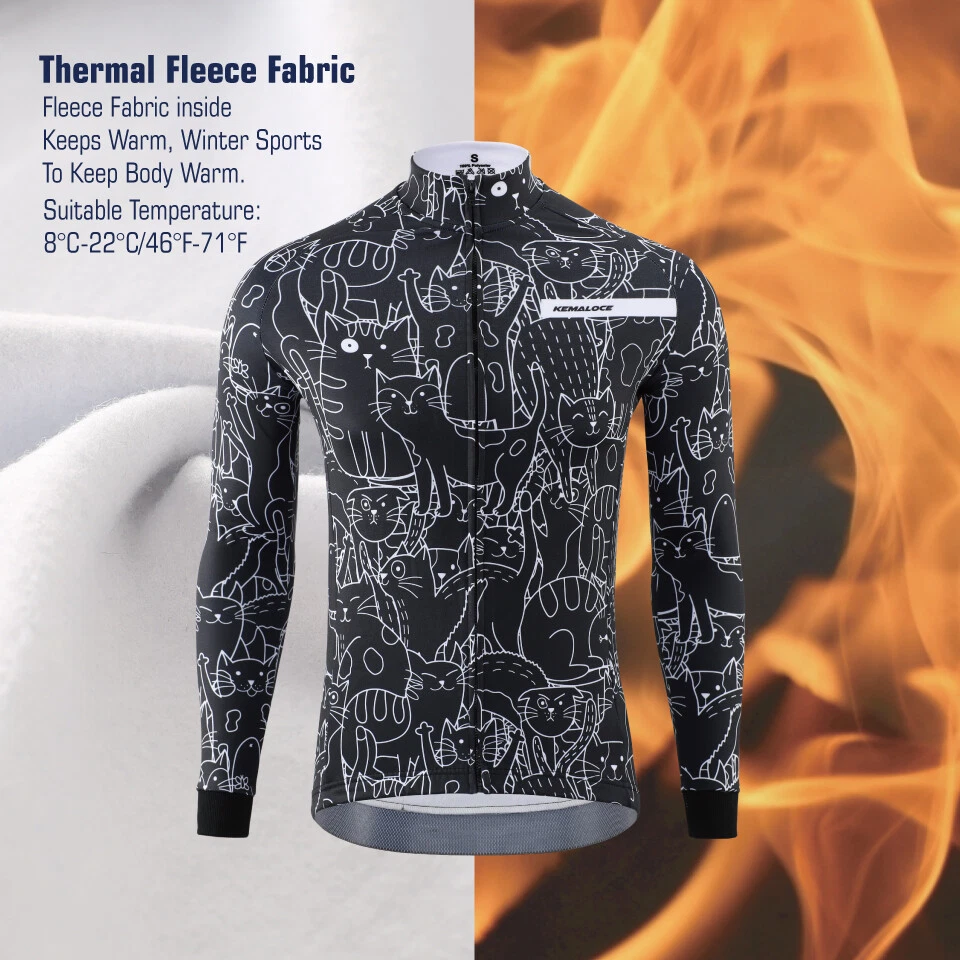KEMALOCE Cycling Jackets Long Sleeve Men Winter Fleece Whit&Black Bike Jersey - Image 3 of 4