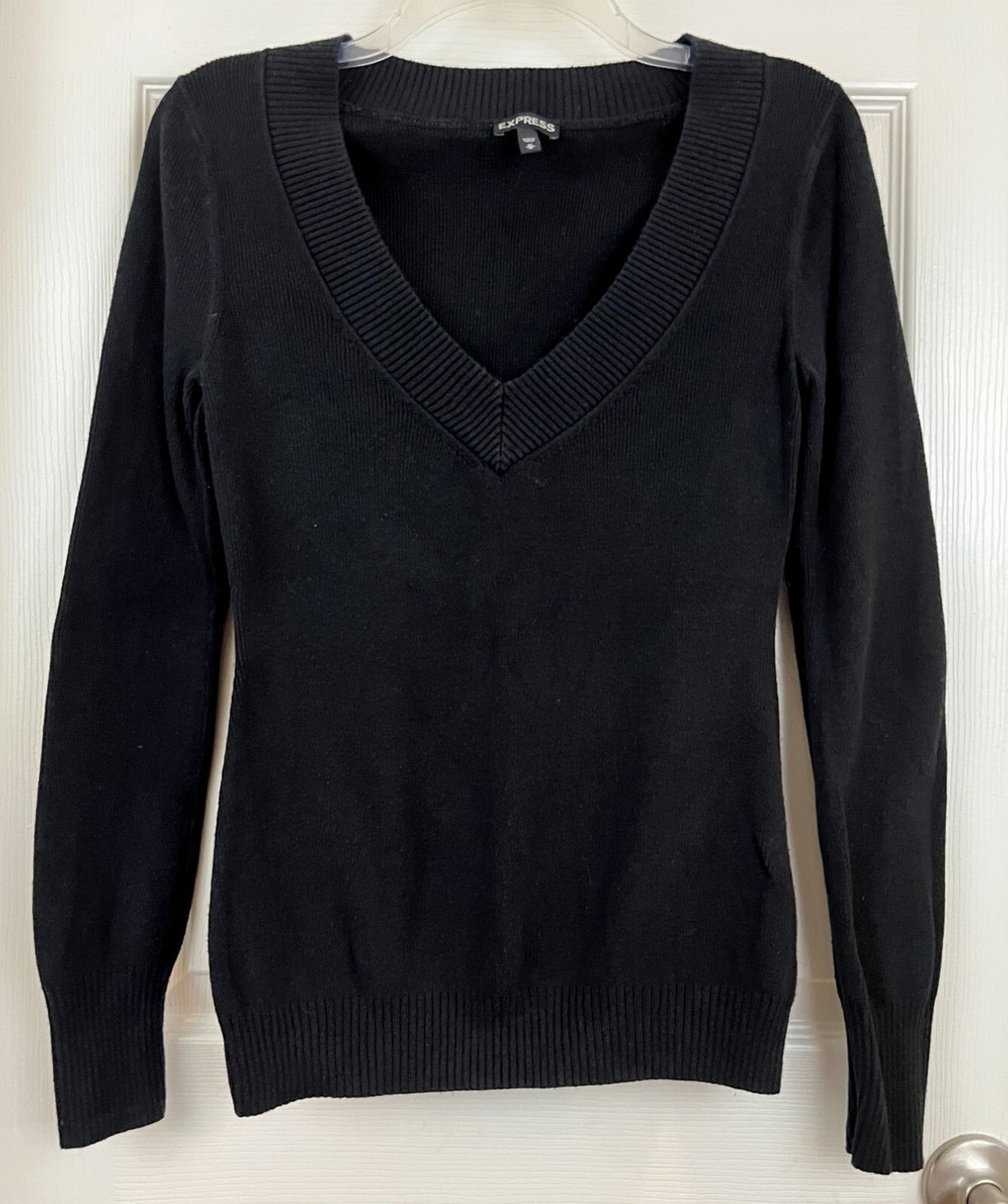 EXPRESS Black Long Sleeve Deep V-Neck Cotton Blend Sweater size