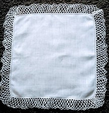 Vintage White Linen Handkerchief W Crochet 1" Lace Trim 13"  T.  ND 2