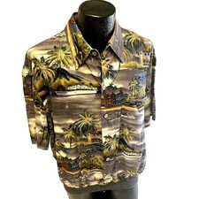 Vtg 80's Alan Stuart Full Btn Banded Waist Tropical Island HAWAIIAN Rayon Shirt