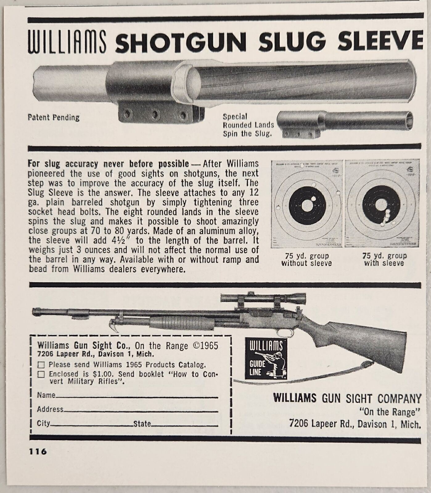 1965 Print Ad Shotgun Slug Sleeve Williams Gun Sight Co. Davison