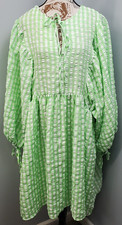 Boohoo Smock Dress Womens 24 Green White Gingham Textured Blouse Sleeve Tie Neck
