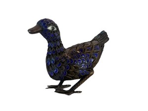 Vintage Filigree Enamel Duck Figurine Silver and Blue