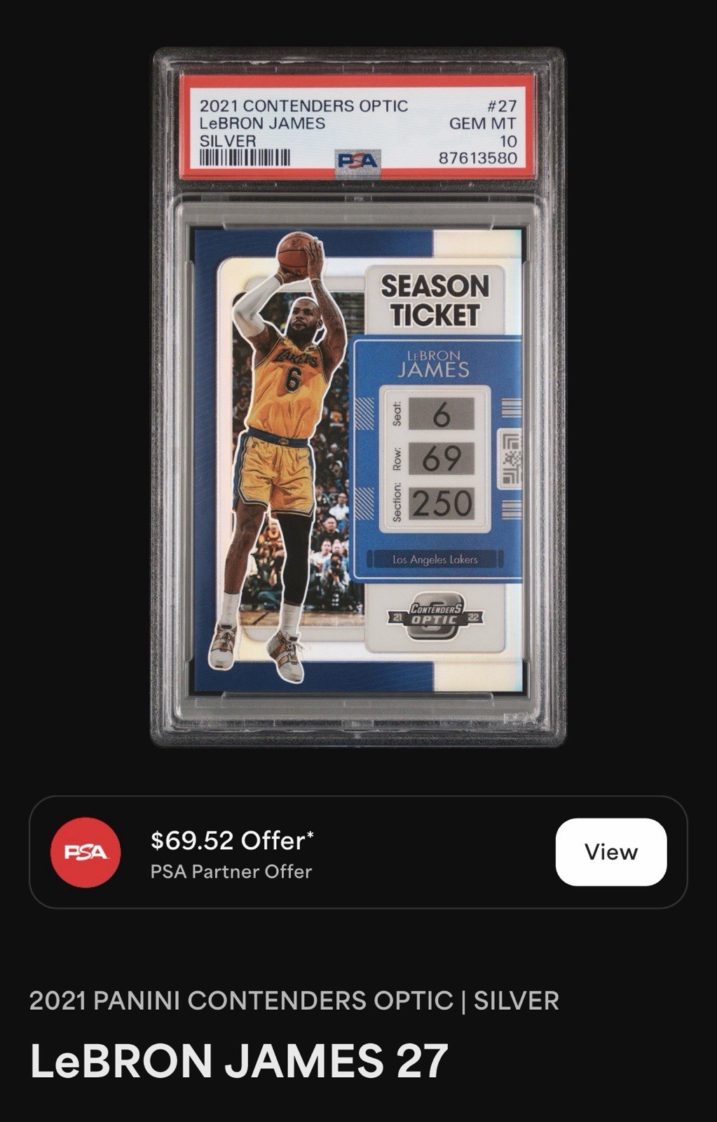Panini 2021-22 Contenders Optic LeBron James Season Ticket Silver #27 PSA 10 view 3